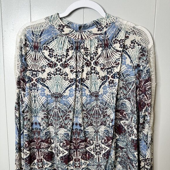 Free People Size Large Nouveau Blouse Blue Boho Top Keyhole Back Lace Faux Wrap - Picture 4 of 16